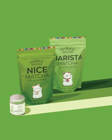 Two Leaves and a Bud matcha products on a green background