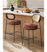 VASAGLE Bar Stools Set of 2, Counter Height Bar Stool with PE Rattan Back, Synthetic Leather Upho...