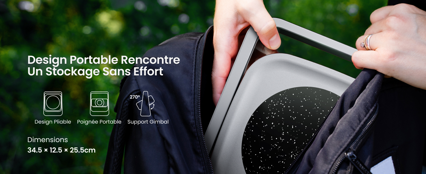 aux dimensions 34,5 x 12,5 x 25,5 cm. Les caractéristiques comprennent une table design, une structure pliable et un assemblage facile. L'image montre une main ouvrant un compartiment zippé révélant un motif étoilé à