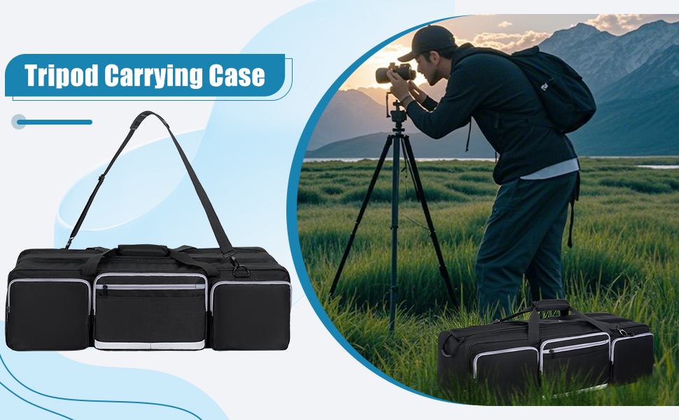 Text reads 'Tripod carrying case'. Multiple images showing camera equipment and photographers in outdoor settings with mountain landscapes.