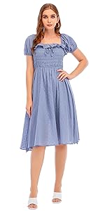 Vintage Summer Square Neck Ruffled Puff Sleeve Beach Party Elegant Midi Dress 