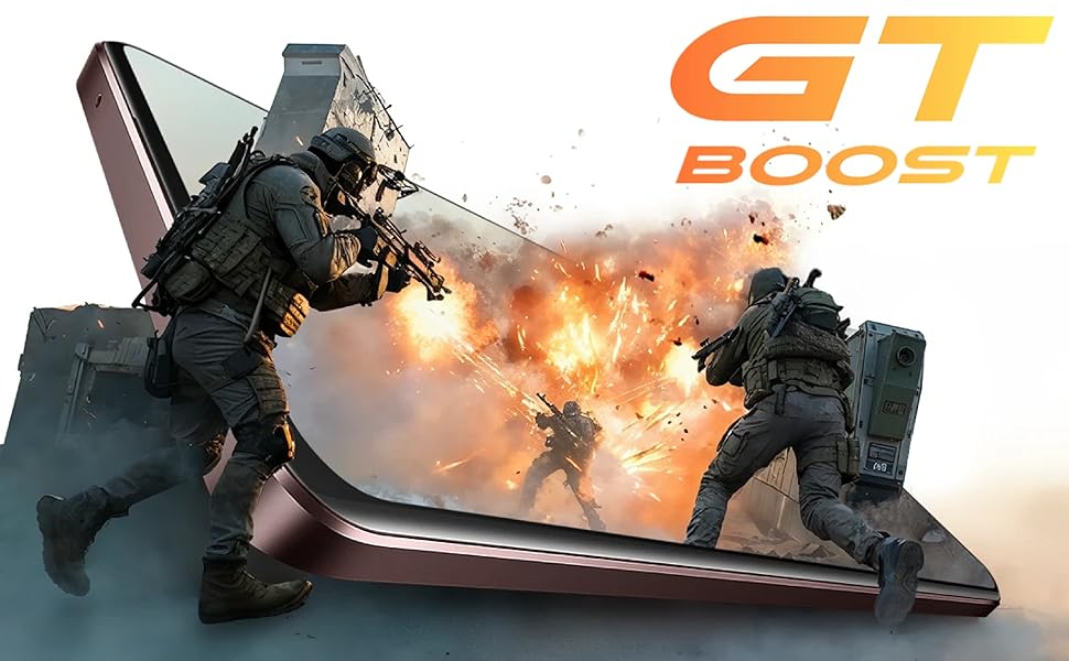smartphone screen gaming soldiers explosion action scene GT Boost text white background