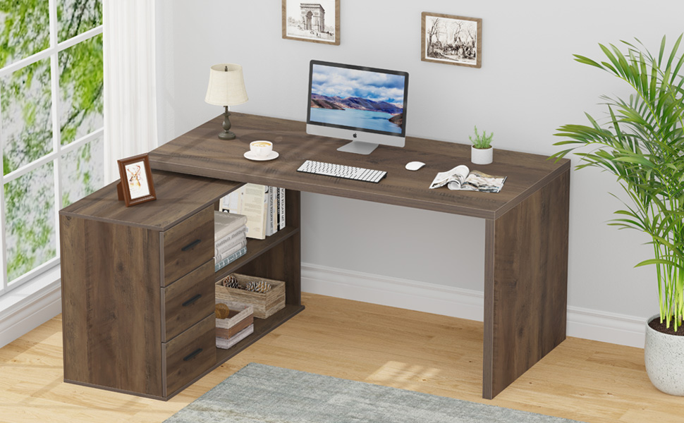 HSH L Shaped Desk with Storage Wood L Shape Desk with Drawers
