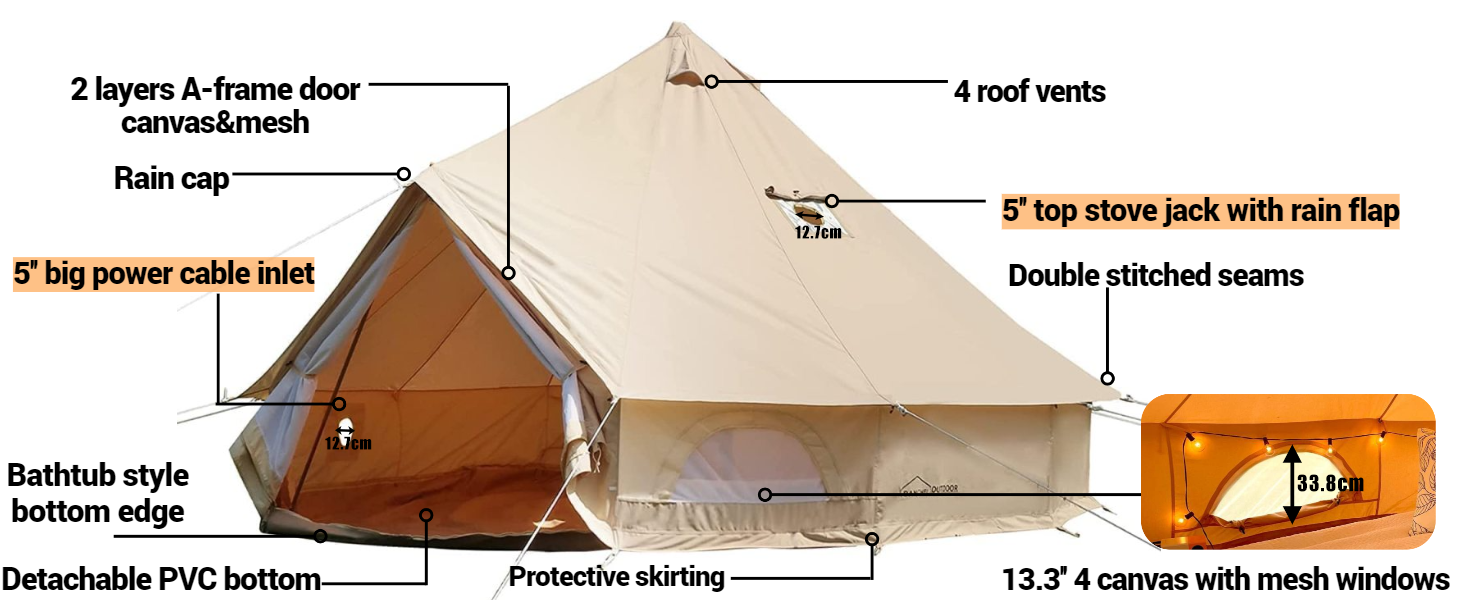 DANCHEL OUTDOOR B5 PRO 4 Season Canvas Bell Tent with 2 Stove Jacks for