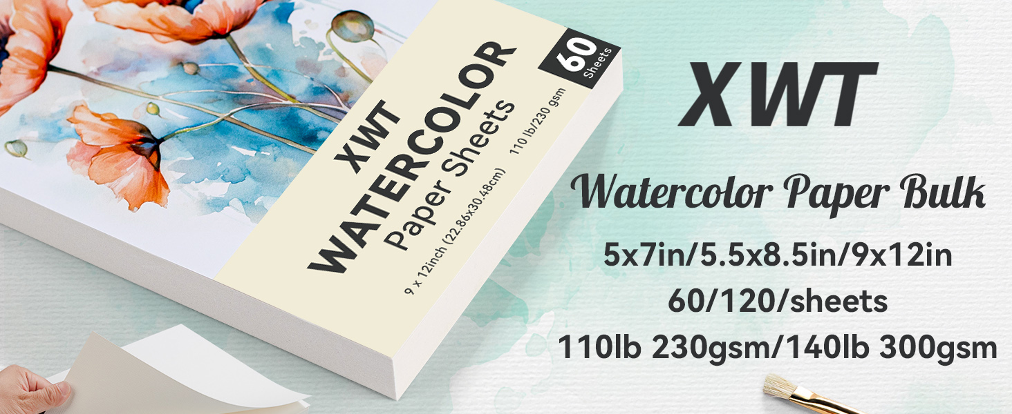 XWT Watercolor Paper Sheets Bulk, 9x12in 230gsm60 Sheets