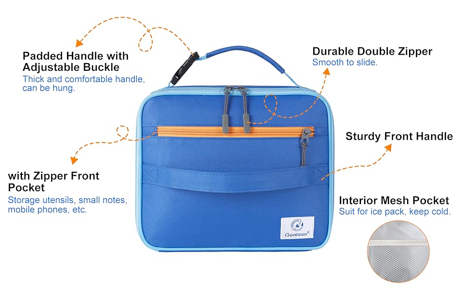 Insulated Lunch Bag, Genteen Lunch Box Kids Double Zipper,Durable Soft Bag