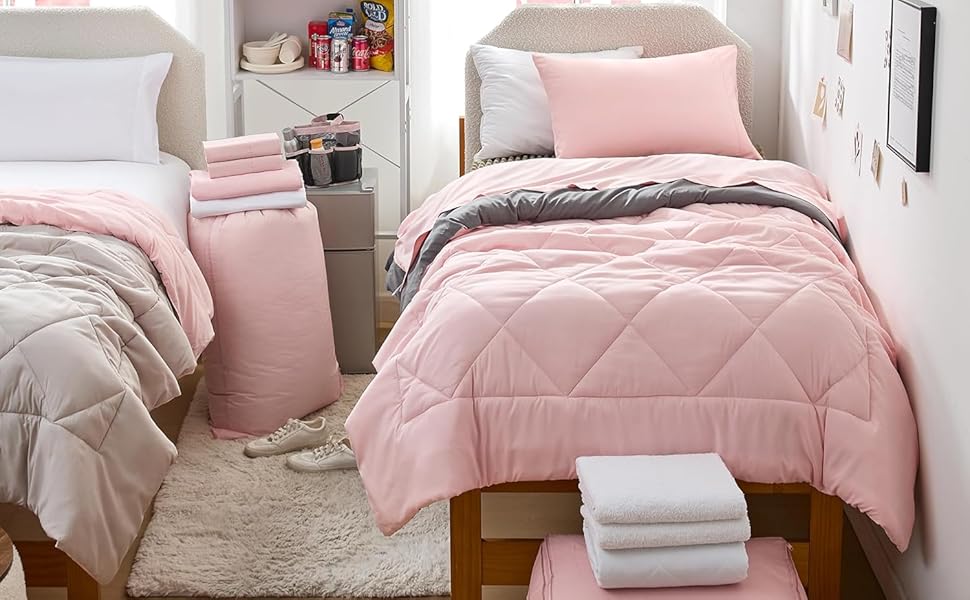 College Dorm Decor Pink Cute Bedroom Colorful Room Decor Reversible Comforter Bedding Bulk Package 