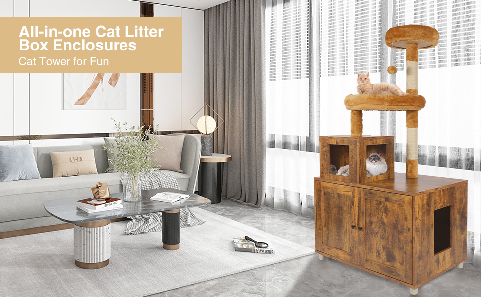 Domaker Cat Tree Litter Box Combo, Cat Tower with Litter