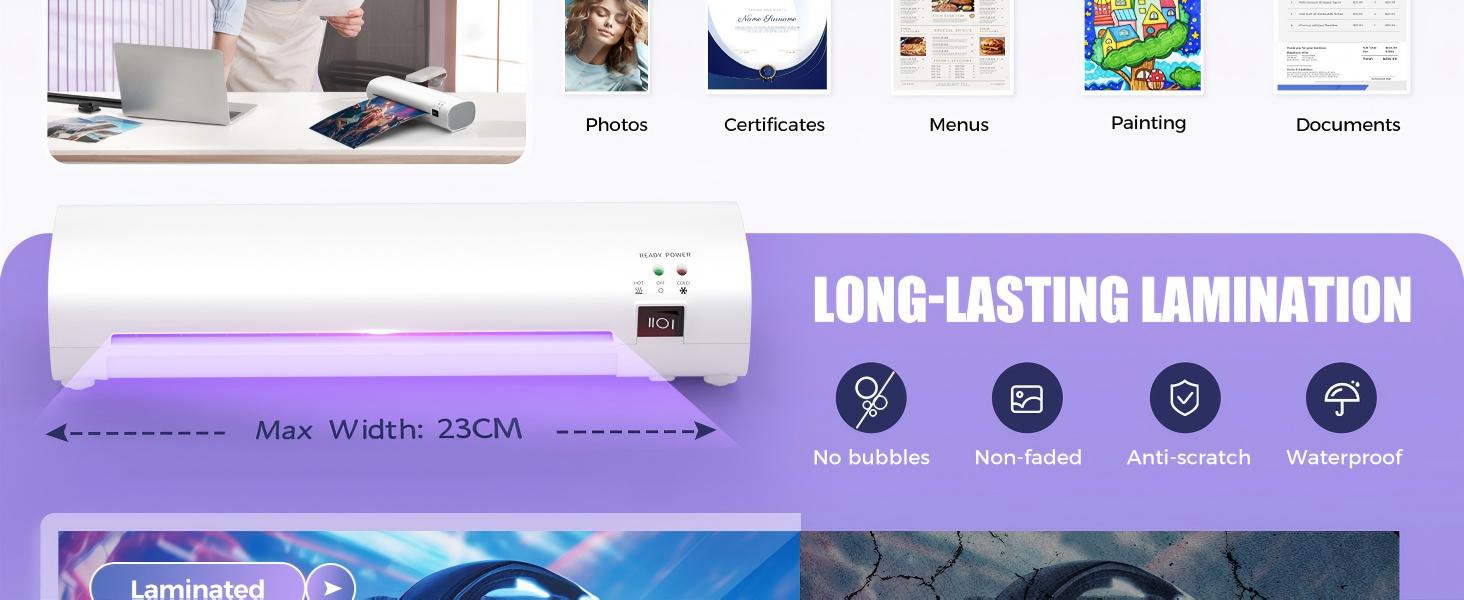 Text reads 'LONG-LASTING LAMINATION'. Product interface showing lamination machine with various function icons and settings display.