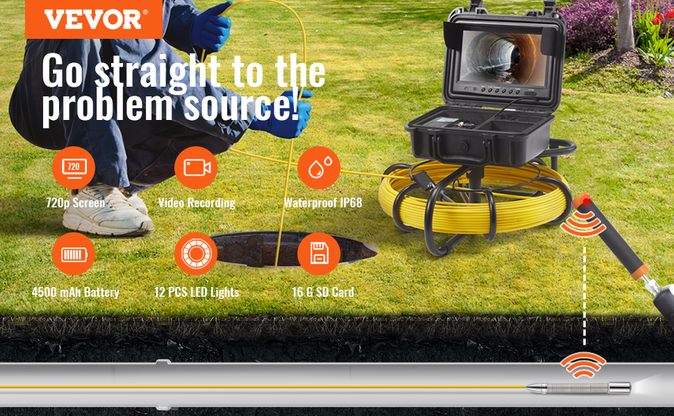 VEVOR Sewer Camera with 512Hz Locator, 164 ft/50 m, 9" Pipeline
