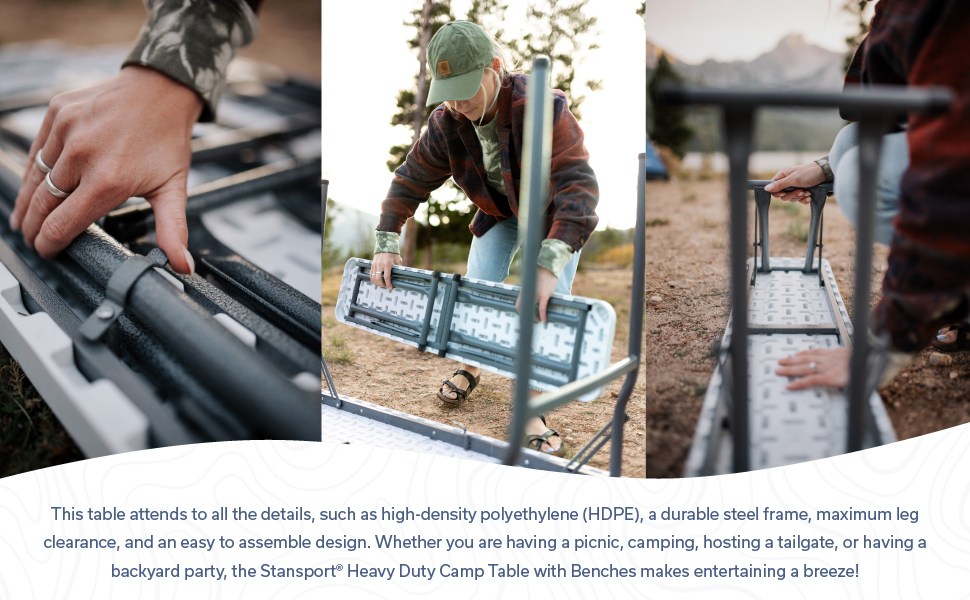 camp table, hdpe, steel frame, leg clearance, easy assembly, tailgate, backyard, party, entertaining