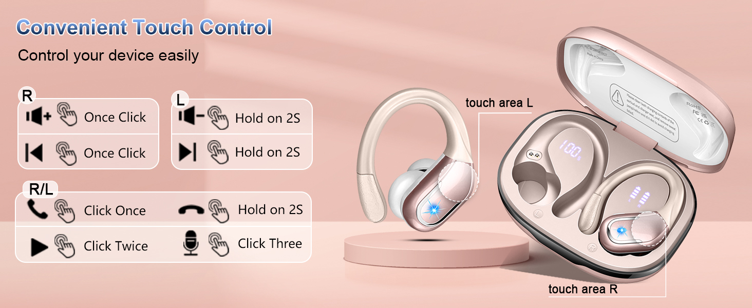 Touch control diagram for wireless earbuds showing various click commands, alongside product image of earbuds and charging case in rose gold color.