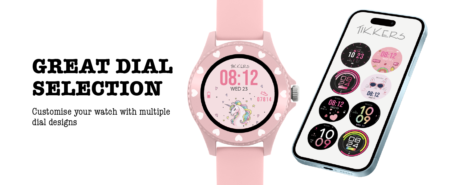 Text reads 'GREAT DIAL SELECTION' showing pink watch face alongside smartphone displaying watch face selection interface.