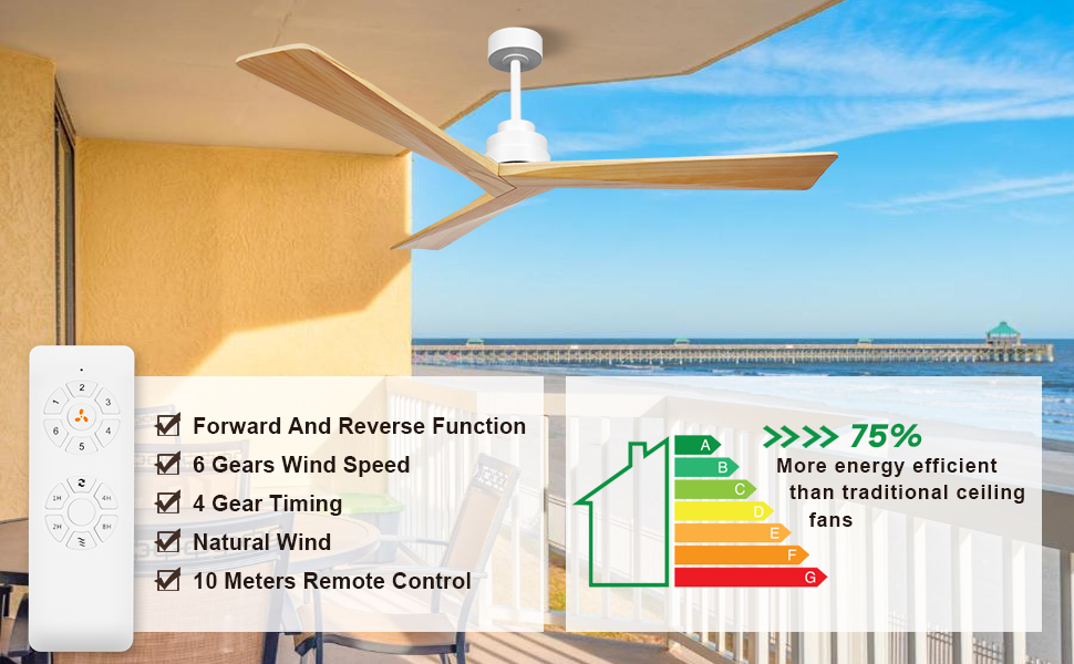 KAPOEFAN 60 Inch Ceiling Fan Without Light, Wood Ceiling