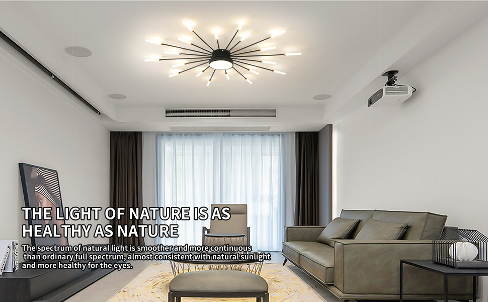 Modern living room with sunburst ceiling light, projector, and text overlay about natural light. Features white walls, grey curtains, and beige furniture.