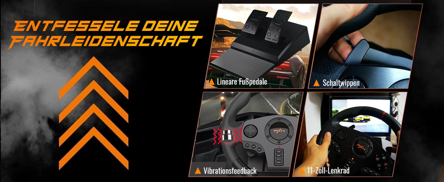 PXN V900 Gaming Lenkrad, PC Lenkrad mit Pedal, 270/900° Lenkbereich, Vibrationen Feedback
