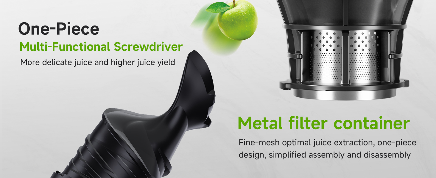Juicer components: one-piece multi-functional screwdriver for delicate juice extraction and metal filter container for simplified assembly and disassembly.