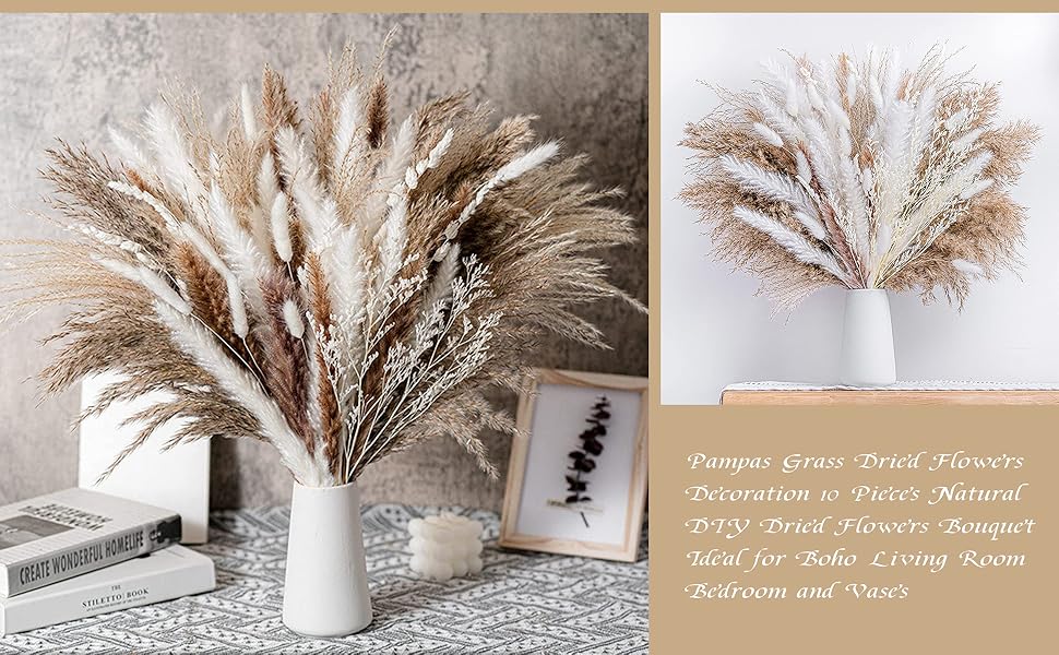 a vase with dried grass decoration on it.