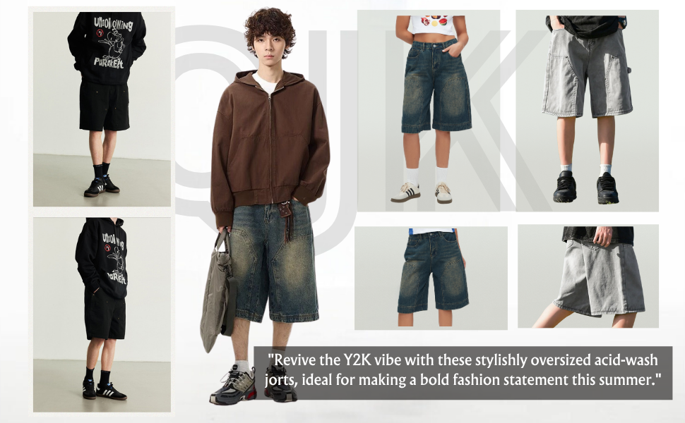 QJK Streetwear Baggy Summer Jorts Y2K Shorts Vintage Acid