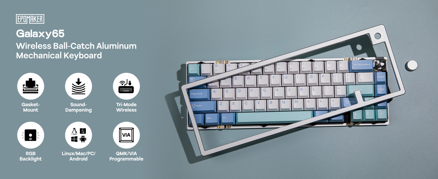 Compact mechanical keyboard with blue and white keycaps in aluminum frame, featuring product specifications and icon indicators for features.