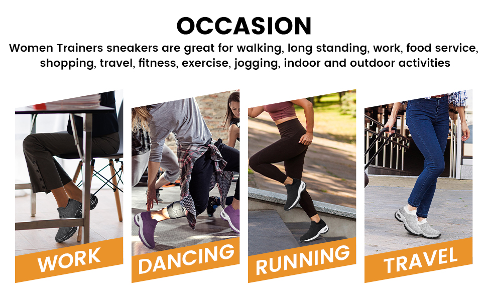Composite image showing women's sneakers in various activities: sitting at work, dancing, running, and traveling. Text highlights versatility for multiple occasions.
