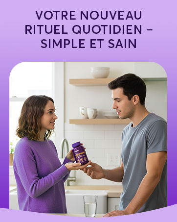 Le texte se lit comme suit : « VOTRE NOUVEAU RITUEL QUOTIDIEN - SIMPLE ET SAIN ». Images de style de vie teintées de violet montrant les activités de routine quotidiennes.