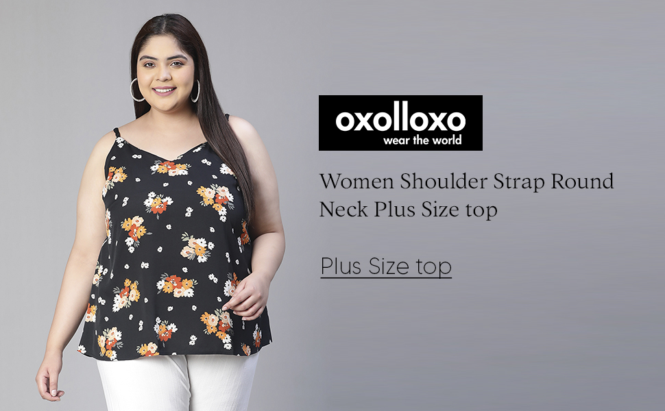 Women Plus Size Black Shoulder Strap V- Neck Floral Print Sleeveless Top