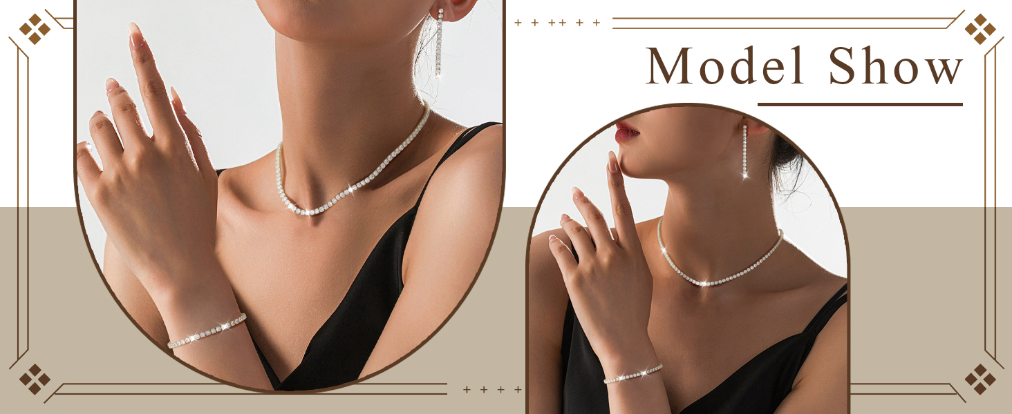 Sparkly Rhinestone Choker Necklace Link Bracelet Dangle Earrings for Bride Bridesmaid