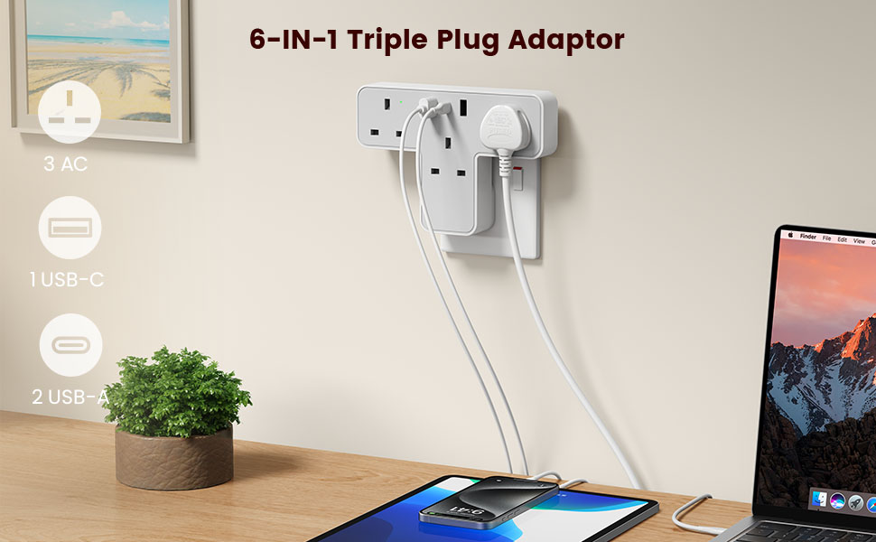 Multi Plug Adaptor with 3 USB Ports (2 USB A & 1 USB C), Chiefox 3 Way