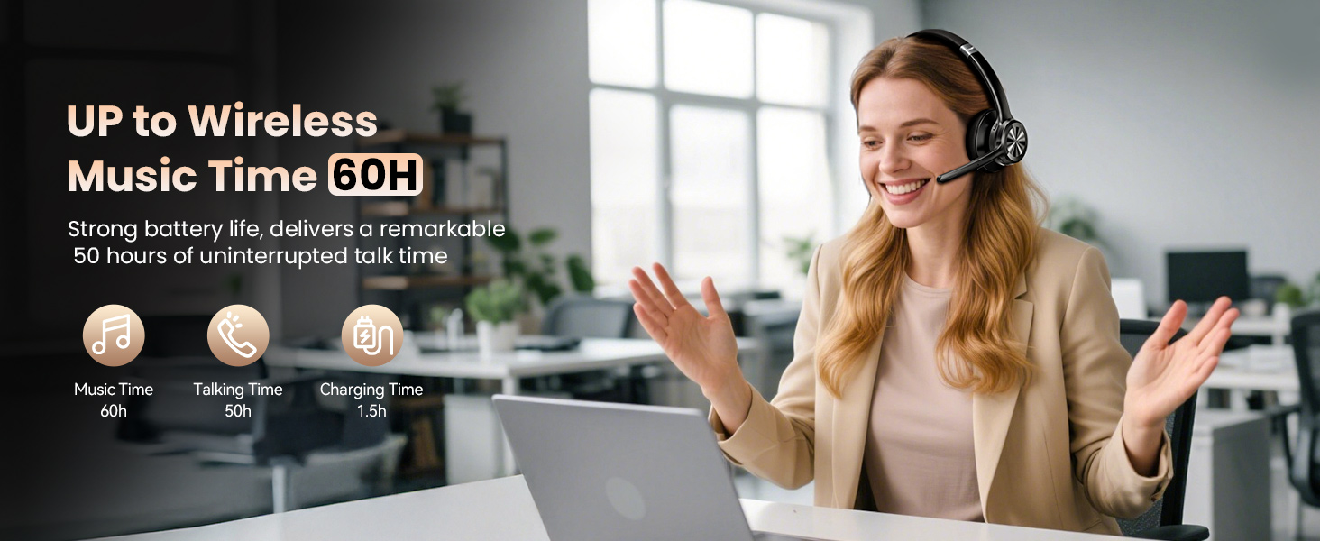 Text reads: 'UP to Wireless Music Time 60H'. Shows professional setting with headset communication device.