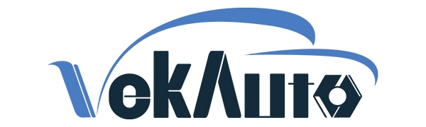 Logo design featuring the text 'VekAuto' in stylized blue and black lettering. The 'V' is elongated, and a curved blue line arches over the text.