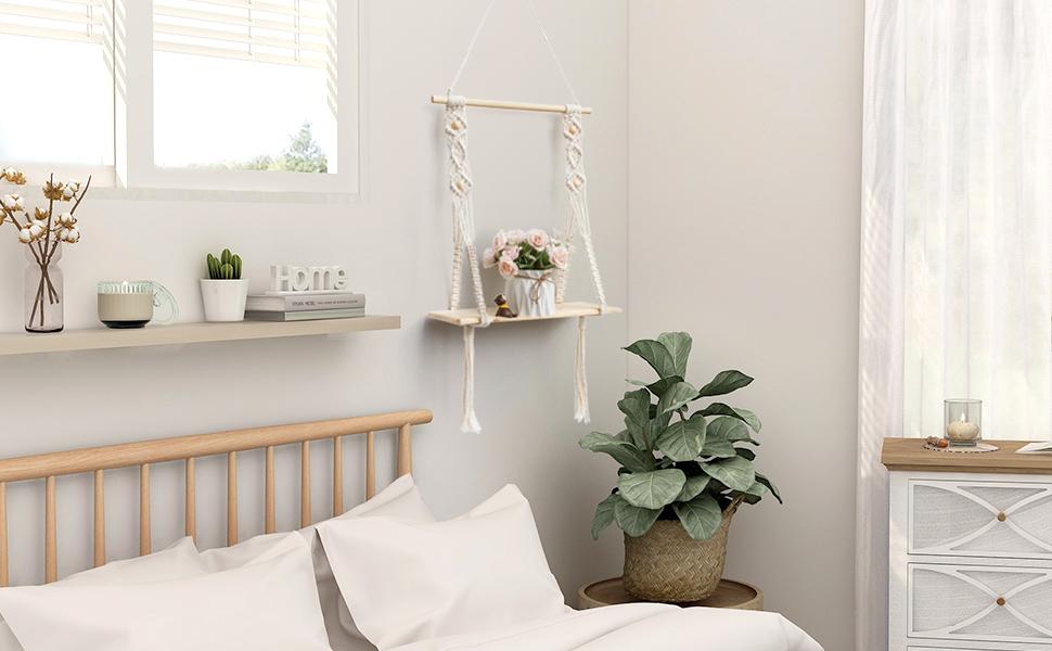 The Top Knott Macrame Wall Hanging Shelf Cotton Rope Natural Pine Wood