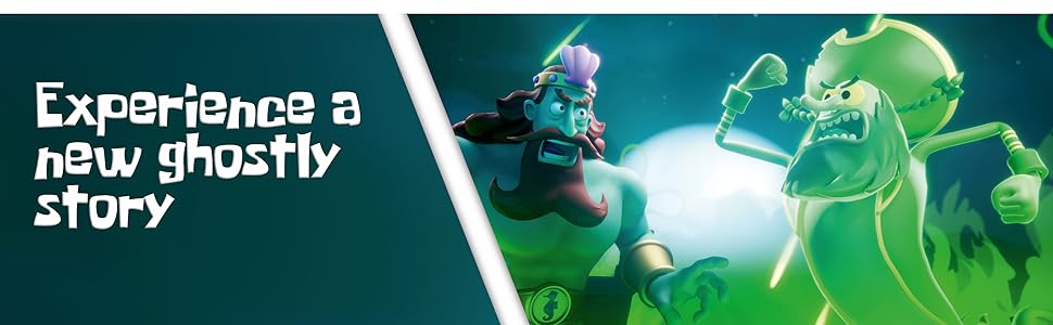 Text reads 'Experience a new ghostly story'. Gaming or promotional image featuring ghostly green and blue glowing figures against dark background.