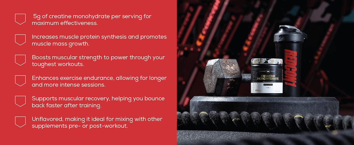 REDCON1 Creatine Monohydrate, Powder for Muscle Gain, 5g Dose Per Serving, Unflavored, 60 Servings
