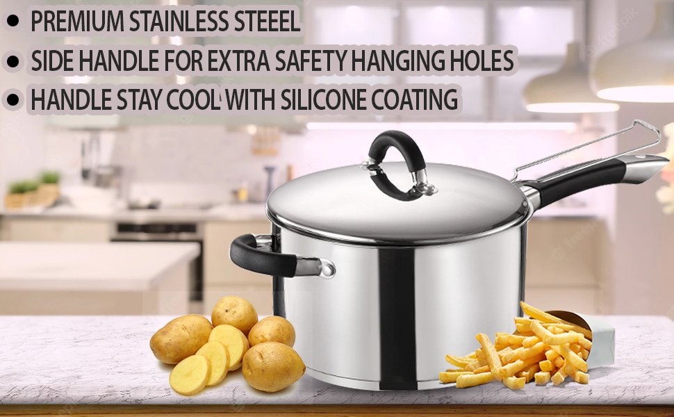 Royal Cuisine 22Cm Stainless Steel Deep Frying Chip Pan with Basket and