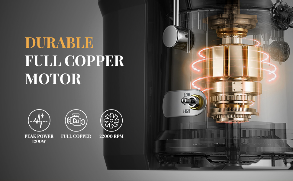 Close-up of a copper motor with visible gears, highlighting durability. Icons indicate 1500W peak power, full copper construction, and 25000 RPM speed capabilities.