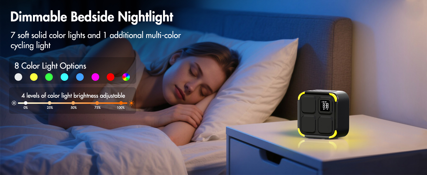 sound machine alarm clock has 7 alarm sounds and 8 ambient light colors for choice