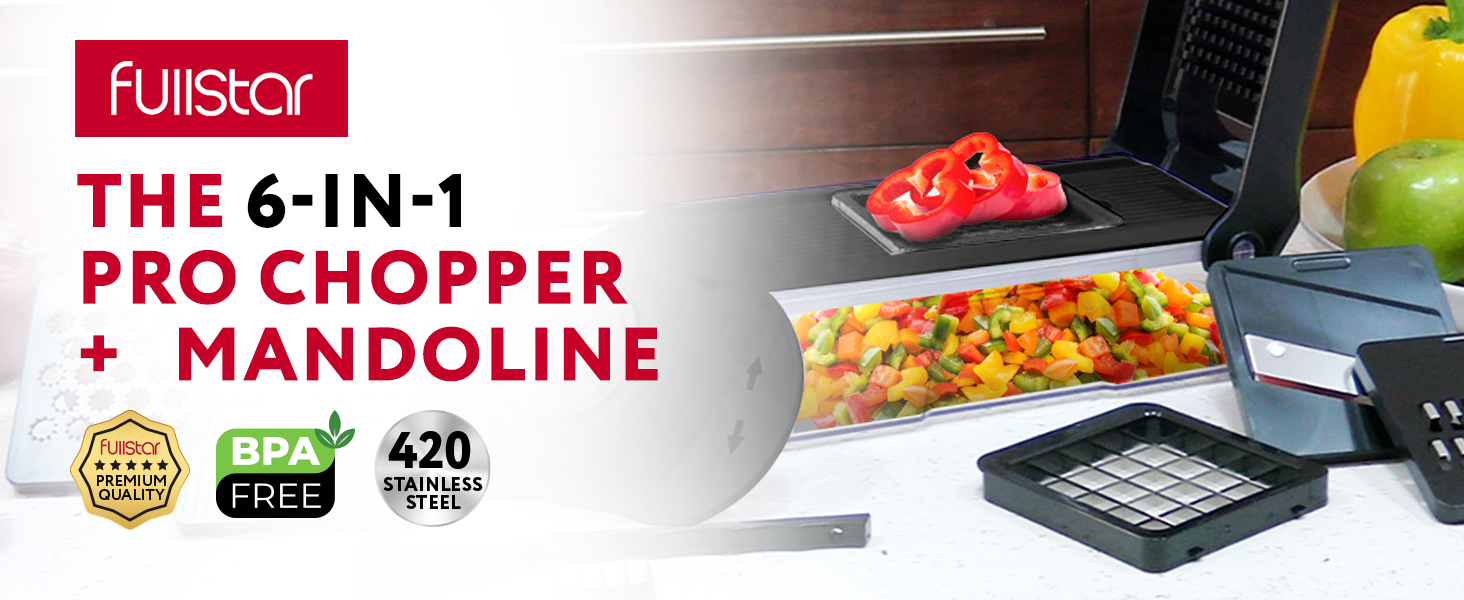 Text reads 'fullstar THE 6-IN-1 PRO CHOPPER + MANDOLINE'. Product demonstration showing vegetable chopping with collection container.