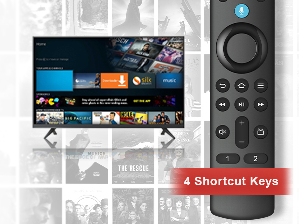Le texte indique « 4 touches de raccourci » avec l'interface Amazon Fire TV et la télécommande affichées sur une image en noir et blanc