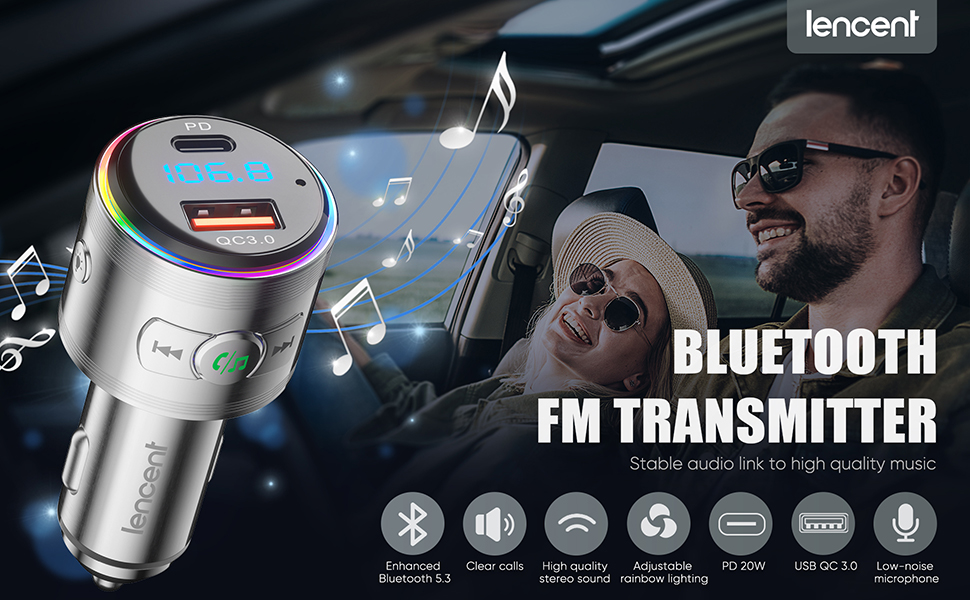 LENCENT Car FM Transmitter Bluetooth 5.3, PD 20W & QC3.0 18W Fast Car