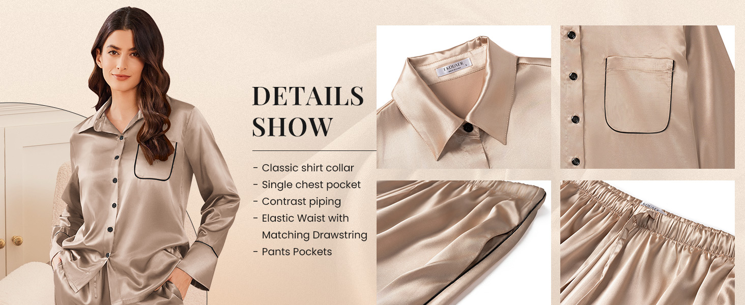 silky pajama set long sleeve and pants with pockets