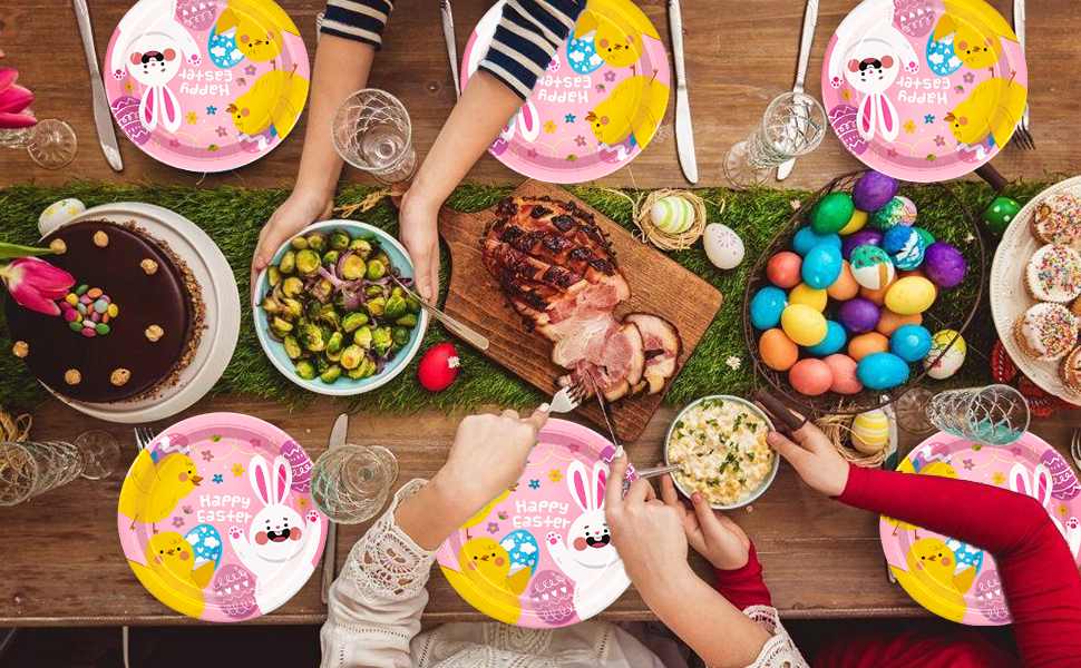 50 Count Easter Paper Plates, Bunny Happy Easter Pink 9 in