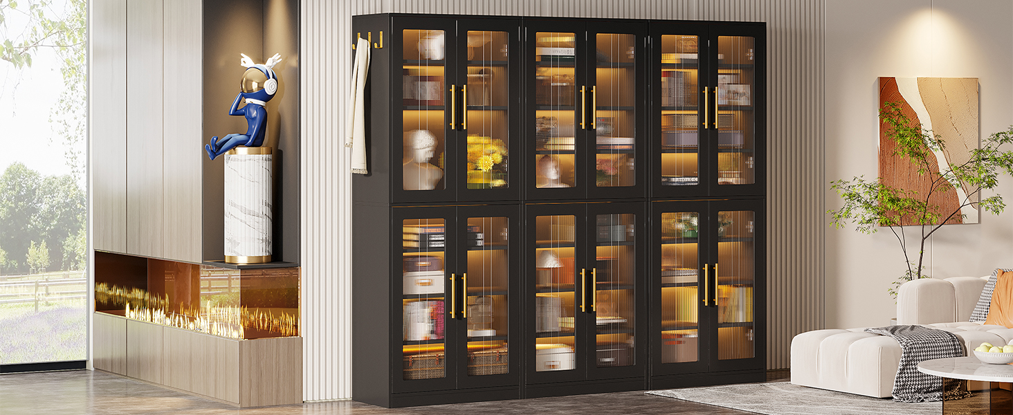 Tribesigns Black Bookcase with Doors and LED Light, 67inch