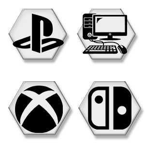 Four hexagonal icons representing gaming platforms: PlayStation logo, desktop computer, Xbox logo, and Nintendo Switch logo, all in black and white silhouette style.