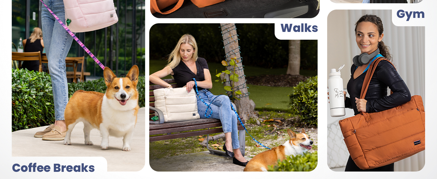 Women use dog tote for walks, travel, coffee, gym, and errands