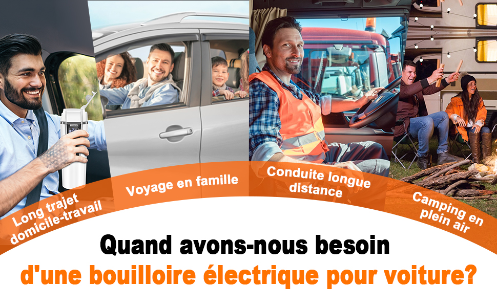 en français présentant trois cas d'utilisation des bouilloires électriques pour voitures : les trajets domicile-travail, les voyages en famille et les activités de camping en plein air