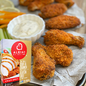 Aleia's Coat & Crunch Crispy Spicy package with baked spicy chicken drumettes