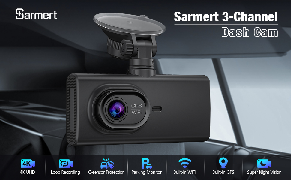 Sarmert 3 Channel Dash Cam, Builtin WiFi GPS, eMMC 64G Storage, 4K