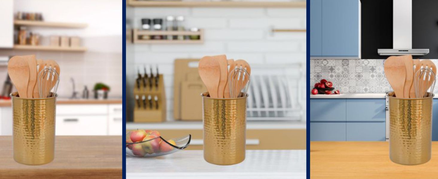 Collage image of utensil holders in various styled kitchens