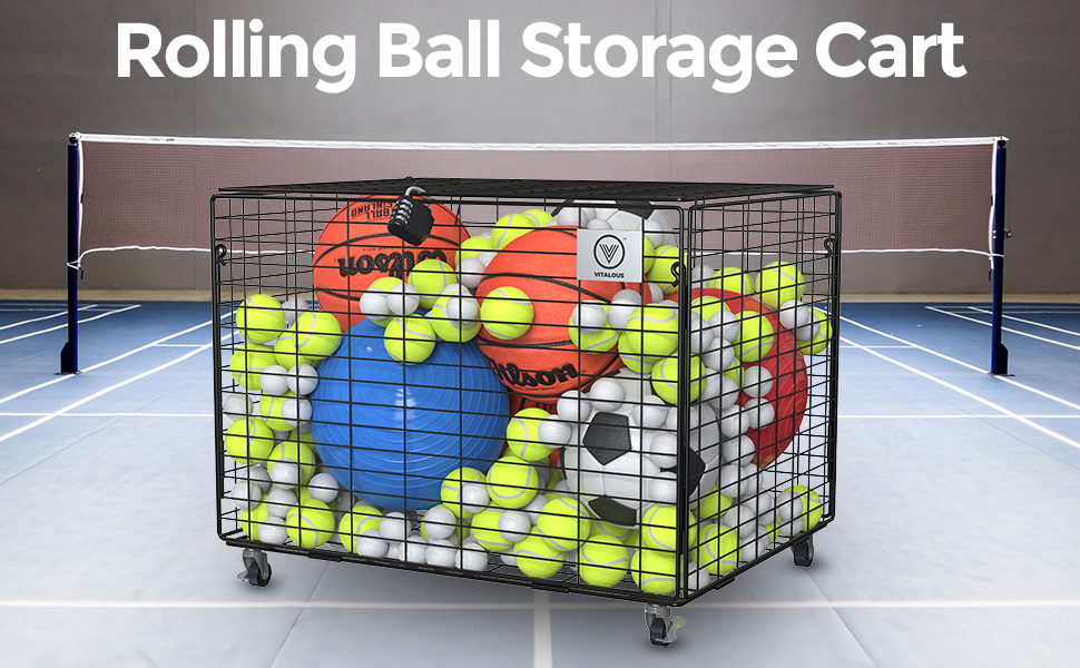 ball cart rolling storage lockable lid cage garage gym equipment organizer multi metallic sports